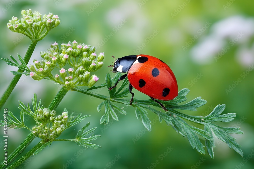 Obraz premium Red ladybug with black spots on feathery green leaf, antennae out, near pink buds. Soft light glints & veins blurred green bg. macro.