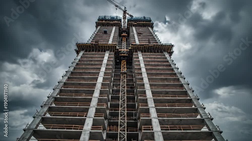Under construction skyscraper against a dramatic dark sky a tower crane working on highrise development and progress
