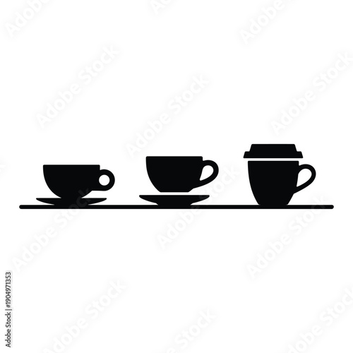 Three cups of coffee with saucers on a table, each with different levels of fill. isolated on white background, Vector