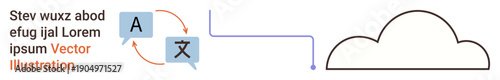 Language services, machine translation, cloud computing, digital communication, global interaction, data sharing. Speech bubbles with translation icon leading to a cloud. Language services