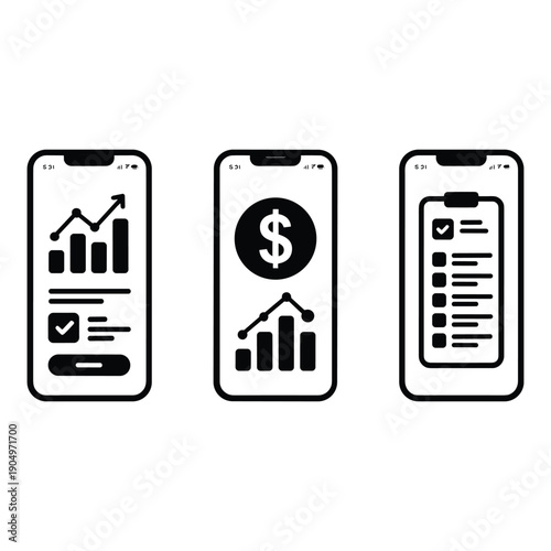 Three smartphones displaying financial and business related applications isolated on white background, Vector