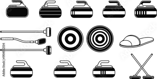 Large Set of Black and White Vector Illustrations of Curling Stones Brooms and Targets for Winter Olympic Sports Graphic Design