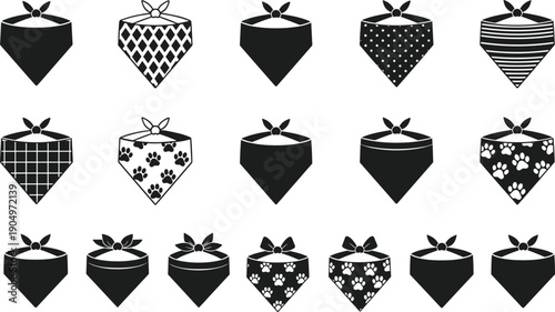 Large Set of Black Silhouette Vector Illustrations of Patterned Bandanas and Kerchiefs with Polka Dots Stripes and Paw Prints for Graphic Design