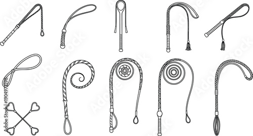 Large Set of Black and White Vector Illustrations of Various Whips Leather Crops and Equestrian Riding Tools for Graphic Design