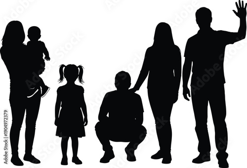 Black Silhouette Vector Illustration of a Happy Family with Parents Children and Grandparents Standing and Waving Isolated on White Background