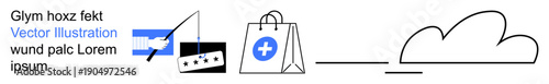 Healthcare, digital services, online shopping, medical supplies, cloud storage, healthcare systems. Shopping bag with cross, cloud icon with line and digital details. Healthcare and digital services