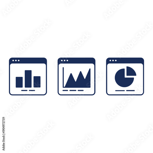 Three distinct icons representing different types of data visualization charts. isolated on white background, Vector