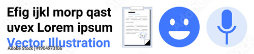 Communication, media, content creation, user interaction, data recording, digital tools. Blue icons including a document, happy face and microphone. Communication and user interaction