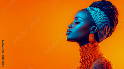Striking close-up profile portrait of beautiful African woman adorned with layered orange beaded jewelry and vibrant head wrap, illuminated by dramatic cyan neon light on rich orange background.