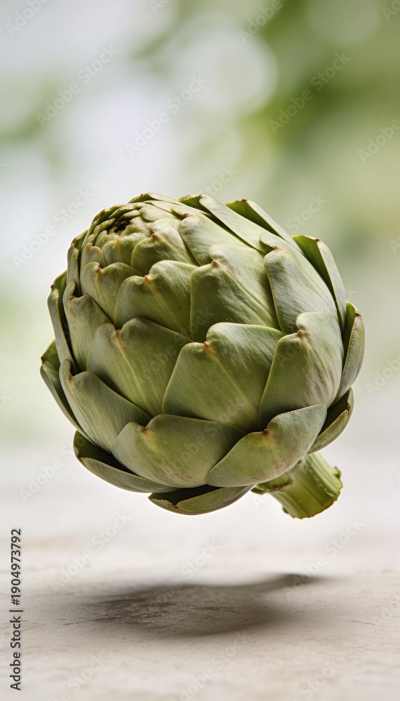 Fototapeta premium Single fresh green artichoke with soft bokeh background and shadow on a textured surface