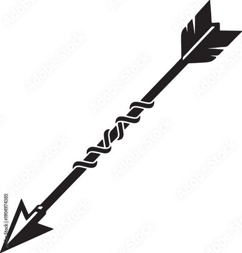 Black arrow with twisted rope detail and feather fletching on white background also transparent background