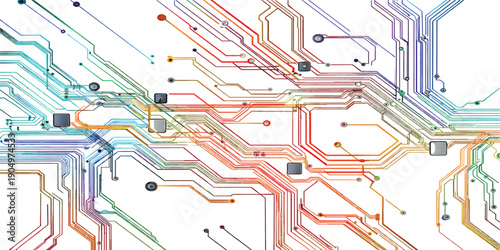 A high technology digital wallpaper featuring a 3D electronic printed circuit board design with a microchip pattern that resembles a computer motherboard street map or a futuristic city road