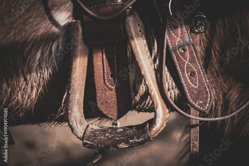 Foto closeup of stitching on western saddle and stirrup on horse