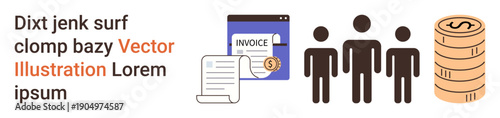 Financial planning, business, teamwork, tax management, billing, economic concepts. Invoice with document, people figures and coin stack. Financial planning and business