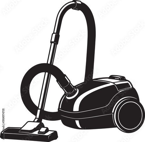 Black silhouette of a canister vacuum cleaner with hose and floor nozzle also transparent background