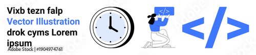 Productivity, time management, website development, programming, coding, software tools. Clock, person coding and code symbol elements. Productivity and time management in development