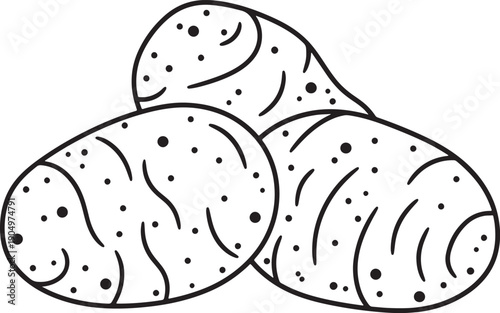Three black and white outline of potatoes with dots and curved lines also transparent background food