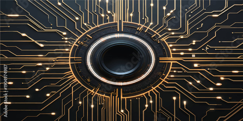 A futuristic digital background featuring a blue electronic circuit board with a processor and glowing tech circles to illustrate a global communication network concept