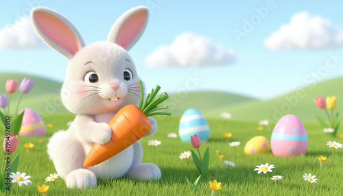 A white cartoon rabbit holds a carrot in a green field with scattered easter eggs under a blue sky with white clouds