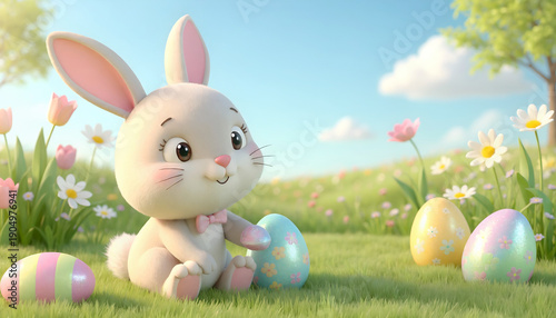 A light colored rabbit sits on green grass near several eggs under a bright blue sky with some white clouds and trees
