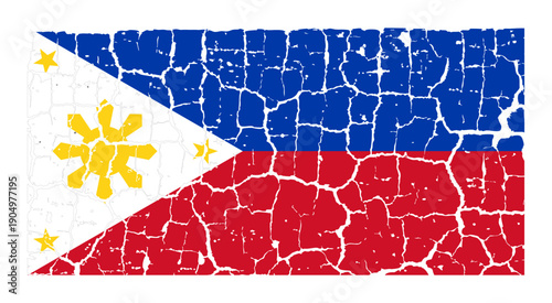Illustration of the national flag of the Philippines painted on a cracked wall. Grunge distressed style background with official Filipino blue, red, and white colors with yellow sun and stars.