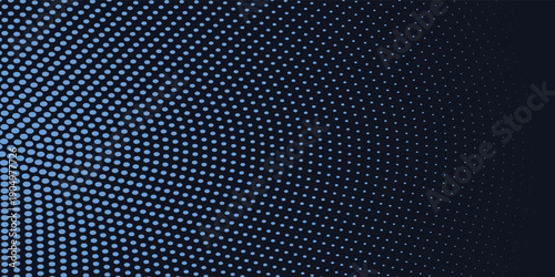 Abstract blue halftone dots gradient on dark black background. Modern technology and futuristic pattern design suitable for digital background, website banner, presentation, corporate branding, AI con