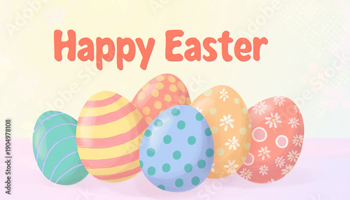 Happy easter text above a collection of decorated easter eggs in various colors including blue orange and yellow