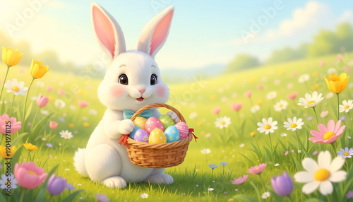 A white rabbit holds a basket of colorful eggs in a field of flowers under a bright sky with a sunny disposition