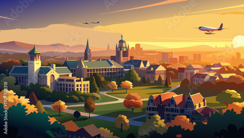 Very beautiful drone sunrise over Princeton, New Jersey, illuminating iconic landmarks and academic spaces with soft golden light and calm early-morning atmosphere.