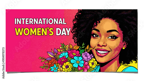 Vibrant pop art illustration of a smiling African American woman with flowers for International Women's Day celebration concept and diversity