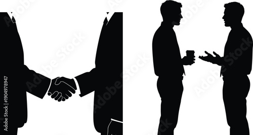 Silhouettes of businessmen shaking hands and engaged in conversation