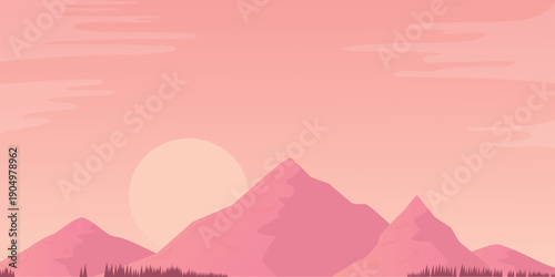 Minimal mountain landscape with soft pink sunset light. Modern flat illustration in pastel tones, expressing calm, romance and serenity. 