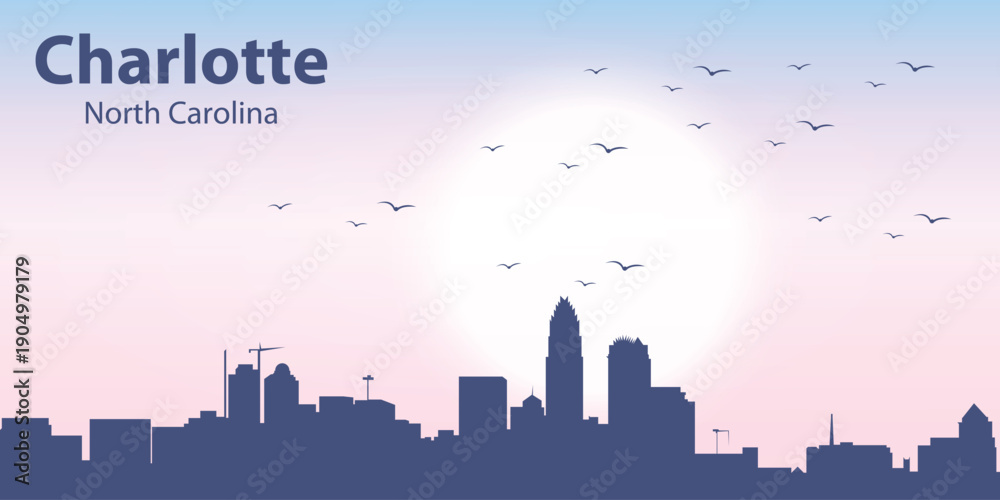 Obraz premium Stylized skyline of Charlotte, North Carolina at sunrise. Modern flat illustration with urban silhouette, pastel gradient sky, sun and flying birds. 