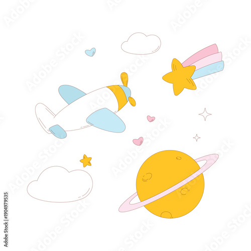 Cute kids illustration with airplane, planet, stars and clouds. Simple pastel vector design for nursery decor, baby posters, stickers, wall art and children projects.