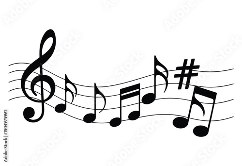 A musical staff with ascending notes and a sharp symbol in black and white isolated on white background, Vector, illustration