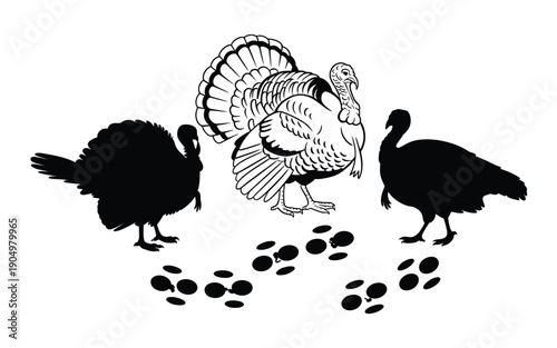 Three turkeys standing together with scattered footprints around them isolated on white background, Vector, illustration
