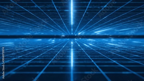 Futuristic blue grid with glowing neon lines and radiant light