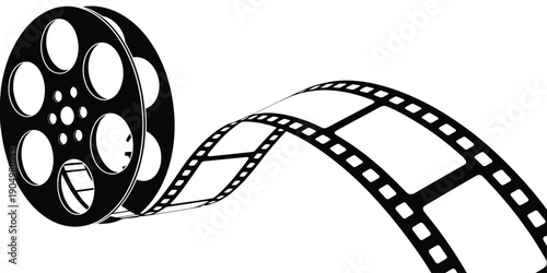 Classic film reel with black and white movie strip unspooling gracefully isolated on white background, Vector, illustration