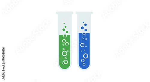 Laboratory test tubes with green and blue liquids and particles in a scientific environment