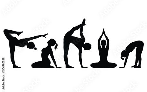 Graceful silhouettes of yoga poses in a sequence of dynamic movement isolated on white background, Vector, illustration
