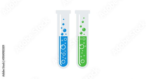 Laboratory test tubes with blue and green liquids and bubbles in a scientific setting