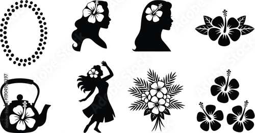Black and white icons depicting traditional motifs and cultural symbols isolated on white background, Vector, illustration