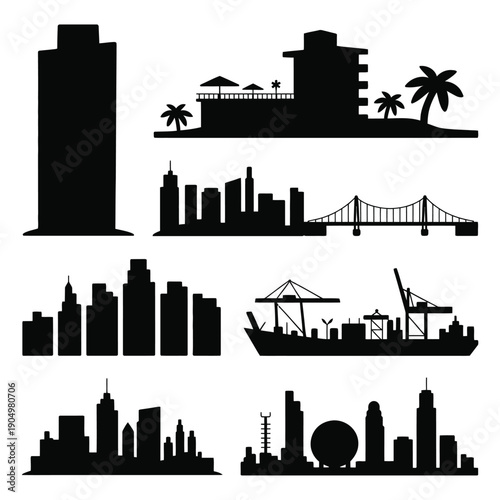 Silhouettes of diverse urban and industrial cityscapes under minimalist black outlines isolated on white background, Vector, illustration