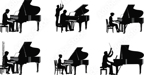 Silhouettes of pianists in various expressive playing poses and styles isolated on white background, Vector, illustration