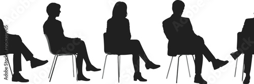 Group of people sitting together in a row on chairs during a meeting or discussion isolated on white background, Vector, illustration