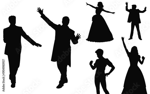 Silhouettes of dancers in various elegant poses and attire isolated on white background, Vector, illustration