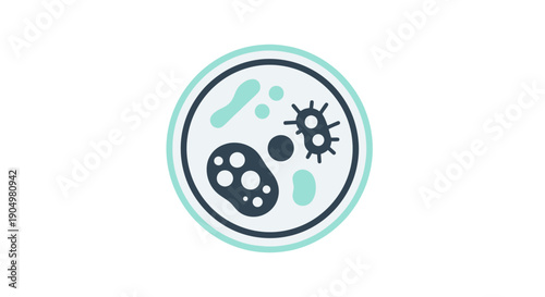 Microscopic view of cells and microorganisms in a circular frame