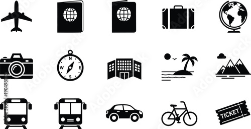 A comprehensive collection of black and white travel and transportation icons for web design or print materials