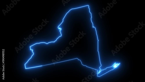 map of the state of New York in the united states with a blue glowing neon effect