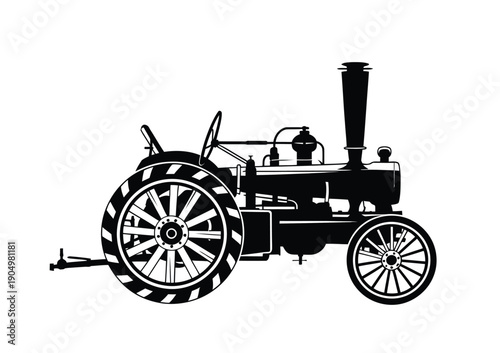 Vintage steam-powered tractor with large spoked wheels and classic design elements isolated on white background, Vector, illustration